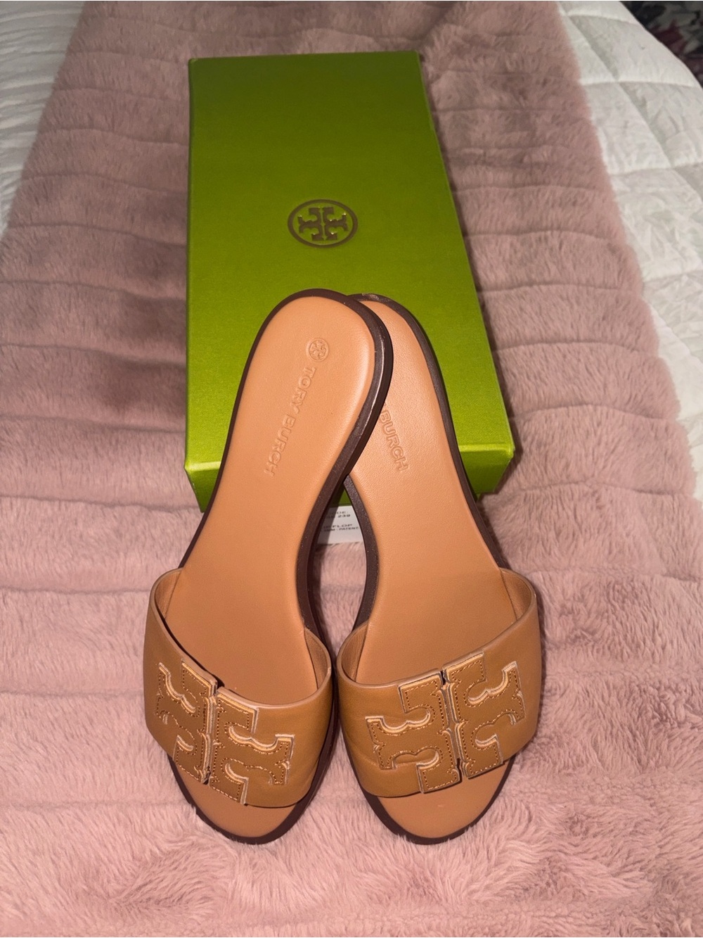 Tory Burch Camel Leather Logo Slide Mules
